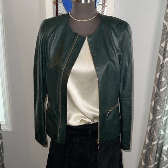 Lafayette 148 Hunter Green Cropped Leather Jacket - Picture 8 of 13